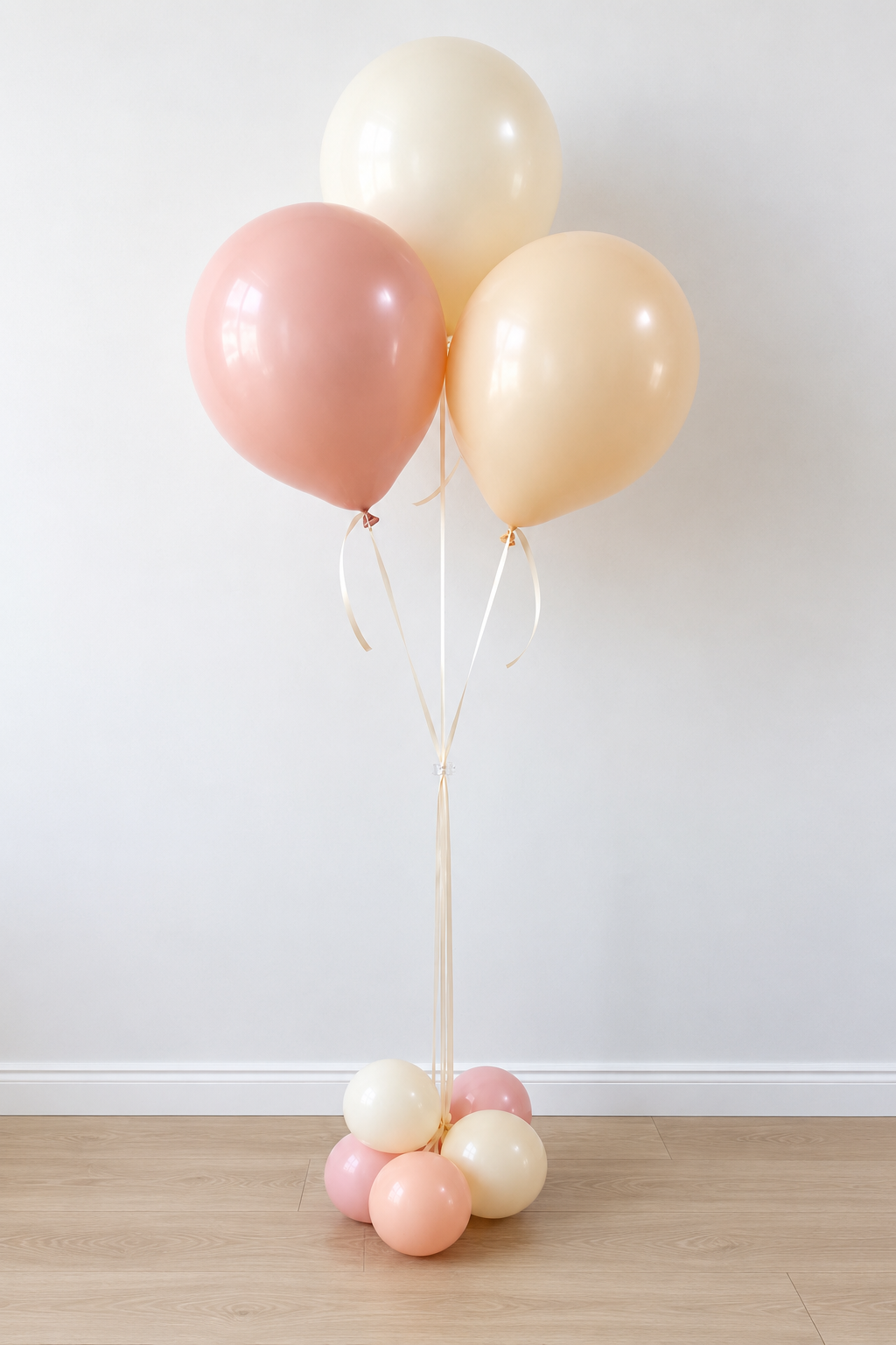Blush pink and champagne helium balloon bouquet with a small balloon cluster weight